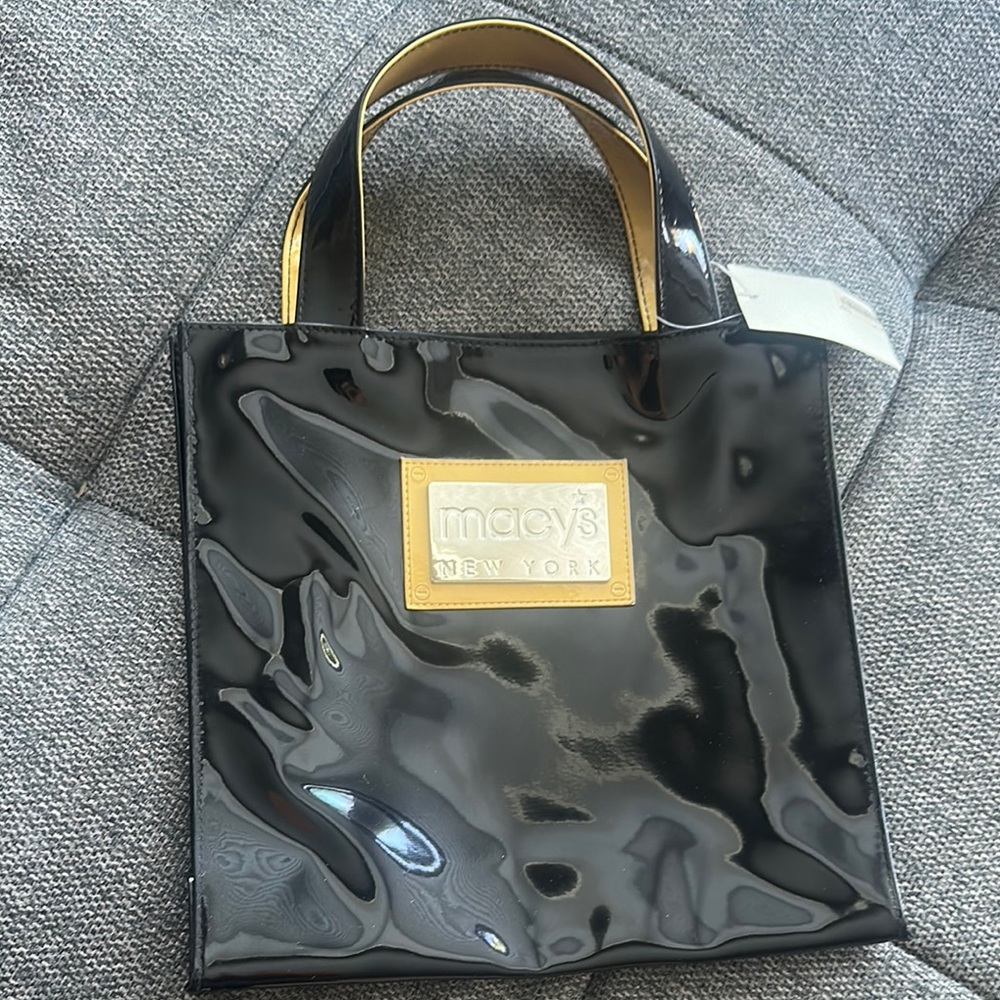 Macy's Glossy Black and Gold Tote
